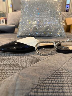 Jimmy Choo Black Patent Pointed Toe Flat with Crystal Strap Accent